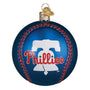 Blue baseball-shaped ornament with Phillies logo on a white background