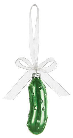 Green glass Christmas Pickle ornament with raised pickle details, a silver cap, and a white ribbon hanger tied in a bow.