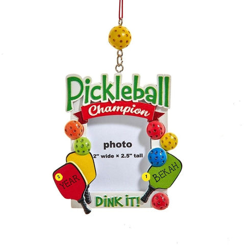 Personalized Pickleball Champion picture frame ornament showing a name on one paddle and year on the other paddle.