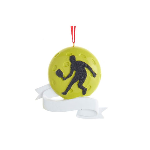 Decorative pickleball ornament with a silhouette of a player on a white background