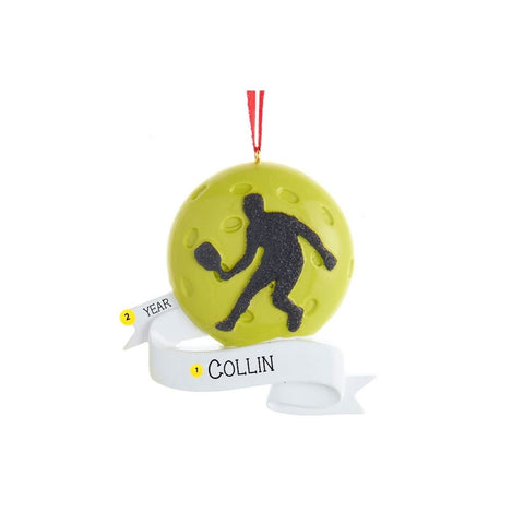 Personalized pickleball ornament with a male player silhouette, yellow pickleball design, and white banner with space for a name and year.