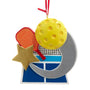 Pickleball ornament with a paddle, yellow pickleball, net, court design, and gold star accent.
