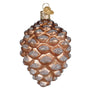 Glass ornament of a fox peeking out from a pine cone on a white background. Back of ornament