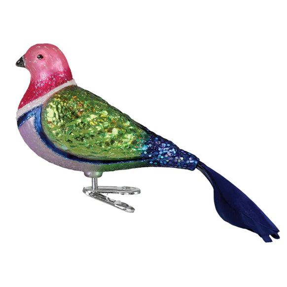 Colorful bird-shaped ornament with a pink head, green body, and blue tail on a white background