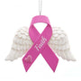 Pink ribbon angel wing ornament with white feathered wings, Faith text, silver hanging cord, and small pink glitter heart.