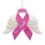 Personalized pink ribbon angel wing ornament with white wings, Faith lettering, glitter heart, and name and year placement guide.