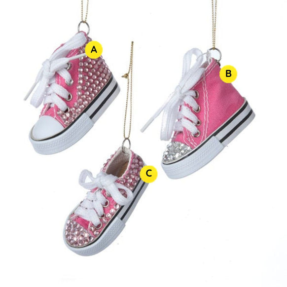 Pink sneaker ornaments with white laces and clear stones in three styles, including high-top and low-top designs, sold separately.