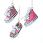 Pink sneaker ornaments with white laces and clear stones in three styles, including high-top and low-top designs, sold separately.