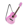 Personalized pink sparkle acoustic guitar ornament with black strap, star accents on the neck, and options for a name and year.