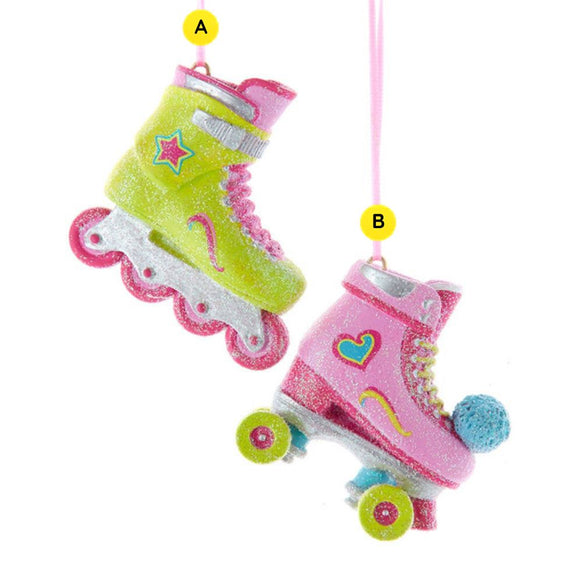 Pink and yellow skate ornaments sold separately, including a yellow inline skate with pink accents and a pink roller skate with colorful wheels and glittery details.