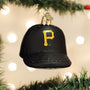 Black baseball cap ornament with yellow 'P' Pirates logo hanging on a Christmas tree.