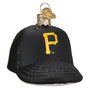 Black baseball cap ornament with yellow 'P' logo on a white background