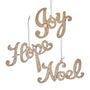 Three platinum glitter script Christmas word ornaments reading Joy, Hope, and Noel, each with silvery glitter accents and small jewel details.