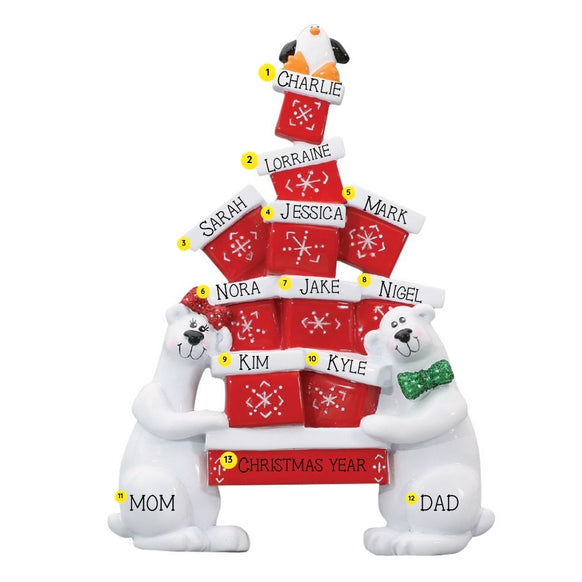 Personalized polar bear gifts tabletop decoration with names on the presents and bears, plus a Christmas message and year on the bottom sign.