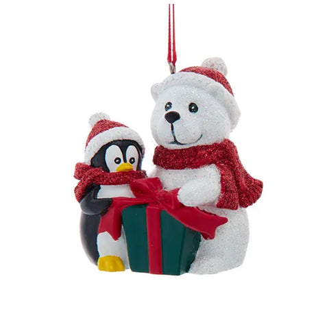 Polar Bear Ornament with Penguin and Present