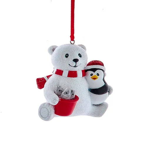 Polar Bear Ornament with Penguin and Bucket of Fish