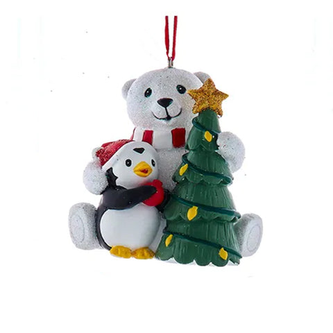 Polar Bear Ornament with Penguin and Tree