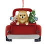 Personalized Pomeranian Dog in Back of Truck Ornament with tree and gift.