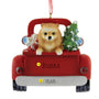 Personalized Pomeranian Dog in Back of Truck Ornament with tree and gift.