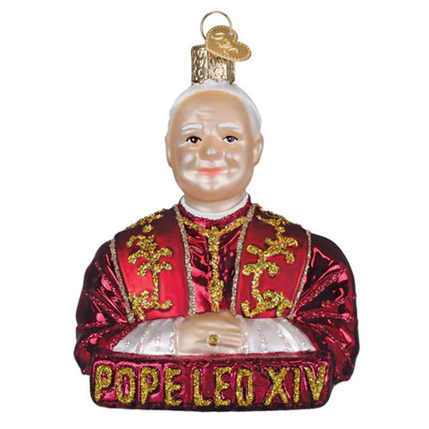 Decorative ornament of Pope Leo XIV in red and gold attire on a white background