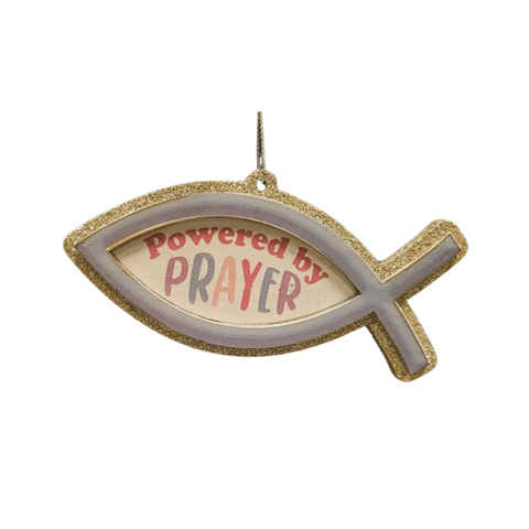 gold glitter ichthys ornament with the words Powered by Prayer.
