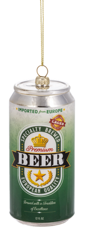 Glass ornament shaped like a green and silver beer can labeled “Premium Beer,” with European-style graphics, crown detail, and gold accents.