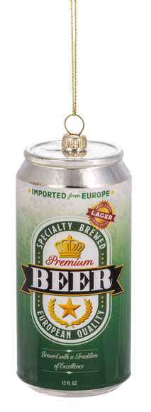 Glass ornament shaped like a green and silver beer can labeled “Premium Beer,” with European-style graphics, crown detail, and gold accents.