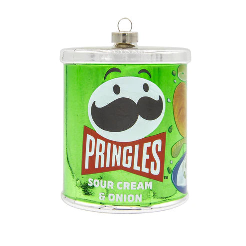 Glass Pringles™ Sour Cream & Onion can ornament with a bright green finish, Pringles logo, and classic chip can design on the front.