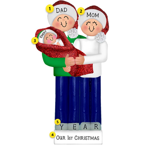 Couple Holding Baby in Red Blanket New Parents Christmas Ornament  Personalized