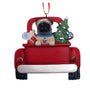 Christmas ornament of a pug in a red truck with a tree and presents on a white background can be personalized