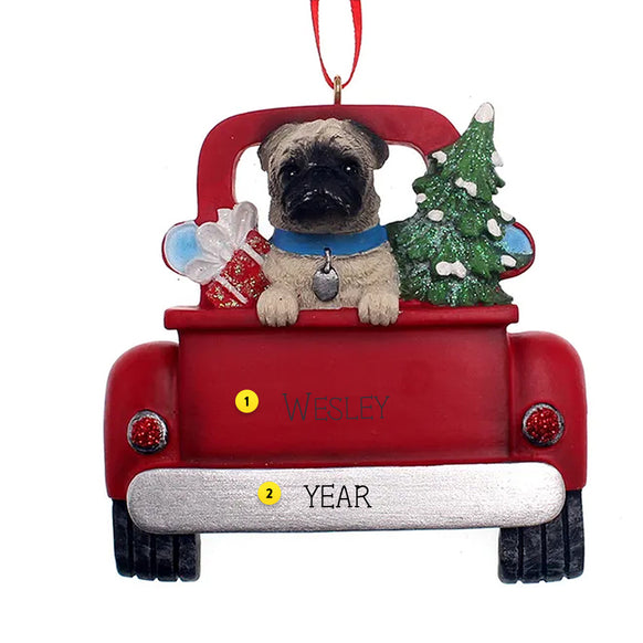 Christmas ornament of a pug in a red truck with a tree and presents on a white background can be personalized