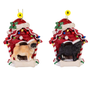 Fawn and black Pug dog house ornament options, each wearing a Santa hat in a festive red Christmas dog house.