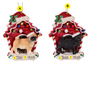 Personalized Pug dog house ornaments with example names Tiny and Tank shown on bone-shaped plaques with a year.