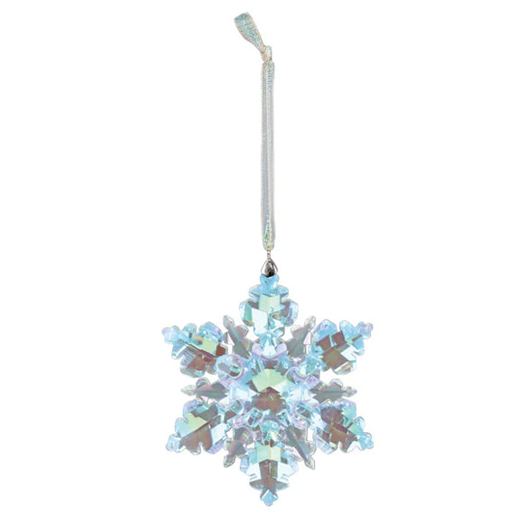 Decorative snowflake ornament with iridescent colors on a white background