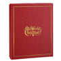 Red Gift Box with 'Old World Christmas' text on a whitebackground with snow burst ornament inside background
