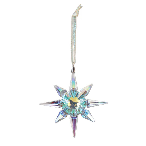 Multicolored star-shaped ornament with a hanging hook on a white background