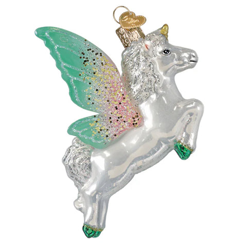 Glass ornament of a unicorn with wings on a white background