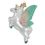 Glass ornament of a unicorn with rainbow-colored wings on a white background