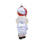 Opposite side view of glass Raggedy Ann & Andy Holiday Hug ornament showing Andy’s blue outfit, striped shirt, and the dolls hugging.