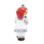 Side view of glass Raggedy Ann & Andy Holiday Hug ornament showing the dolls embracing with Ann’s white apron and red yarn hair.