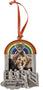 Rainbow Bridge pet picture frame ornament with a rainbow, paw print heart, silver bridge design, and space for a pet photo.