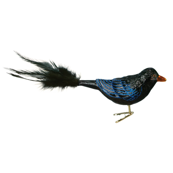Decorative Raven bird ornament with black, blue, and orange colors on a white background