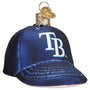 Decorative glass ornament shaped like a blue baseball cap with 'TB' logo on a white background