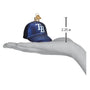 Blue baseball cap ornament with measurement on a hand