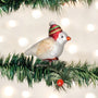 Decorative Christmas ornament of a Snowbird with a festive hat on a tree branch.