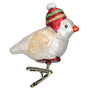 Decorative snowbird ornament with a colorful hat on a white background