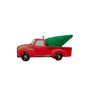 Personalized red pickup truck Christmas ornament carrying a green Christmas tree.