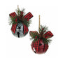 Two Christmas bell ornaments with red plaid bows and greenery on a white background