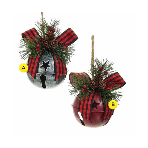 Red and silver bell ornaments with buffalo plaid ribbon bows, faux pine greenery, pinecones, and red berry accents, sold separately.