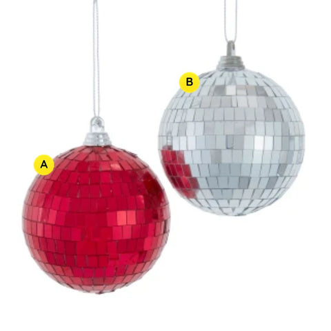 A: Red disco ball ornament covered in mirrored tiles with a silver cap and hanging cord.
B: Silver disco ball ornament covered in mirrored tiles with a silver cap and hanging cord.